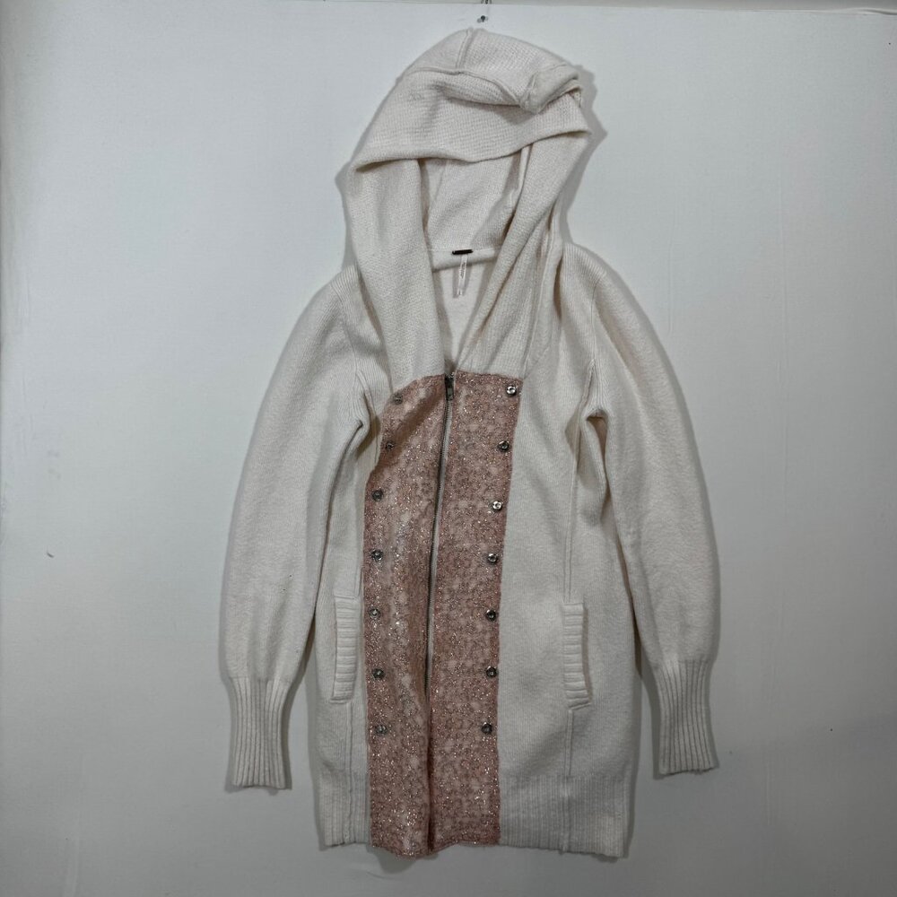 Free People Hooded Cardigan Knit Ivory Lace Mixed Media L Cottagecore Boho Cozy - Picture 3 of 11
